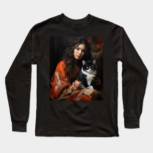 Geisha in kimono with cat Japanese Neko vintage art Long Sleeve T-Shirt